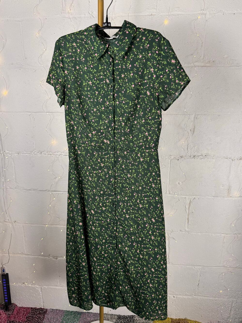 RIHOAS Green Floral Button Up Midi Dress Short Sleeve Size S